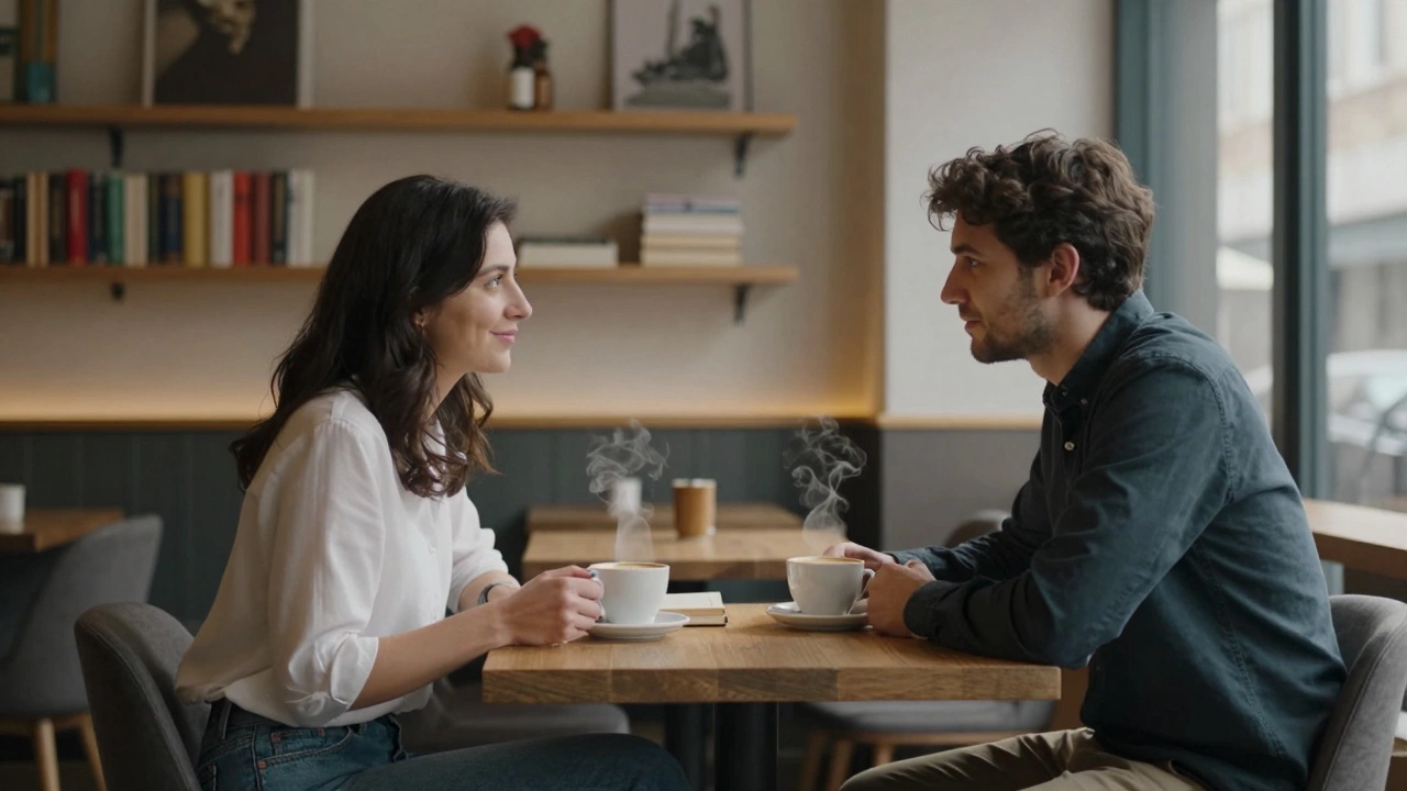 A brunette woman and a traveler share a calm conversation over coffee in a cozy Lille café, natural light streaming in.